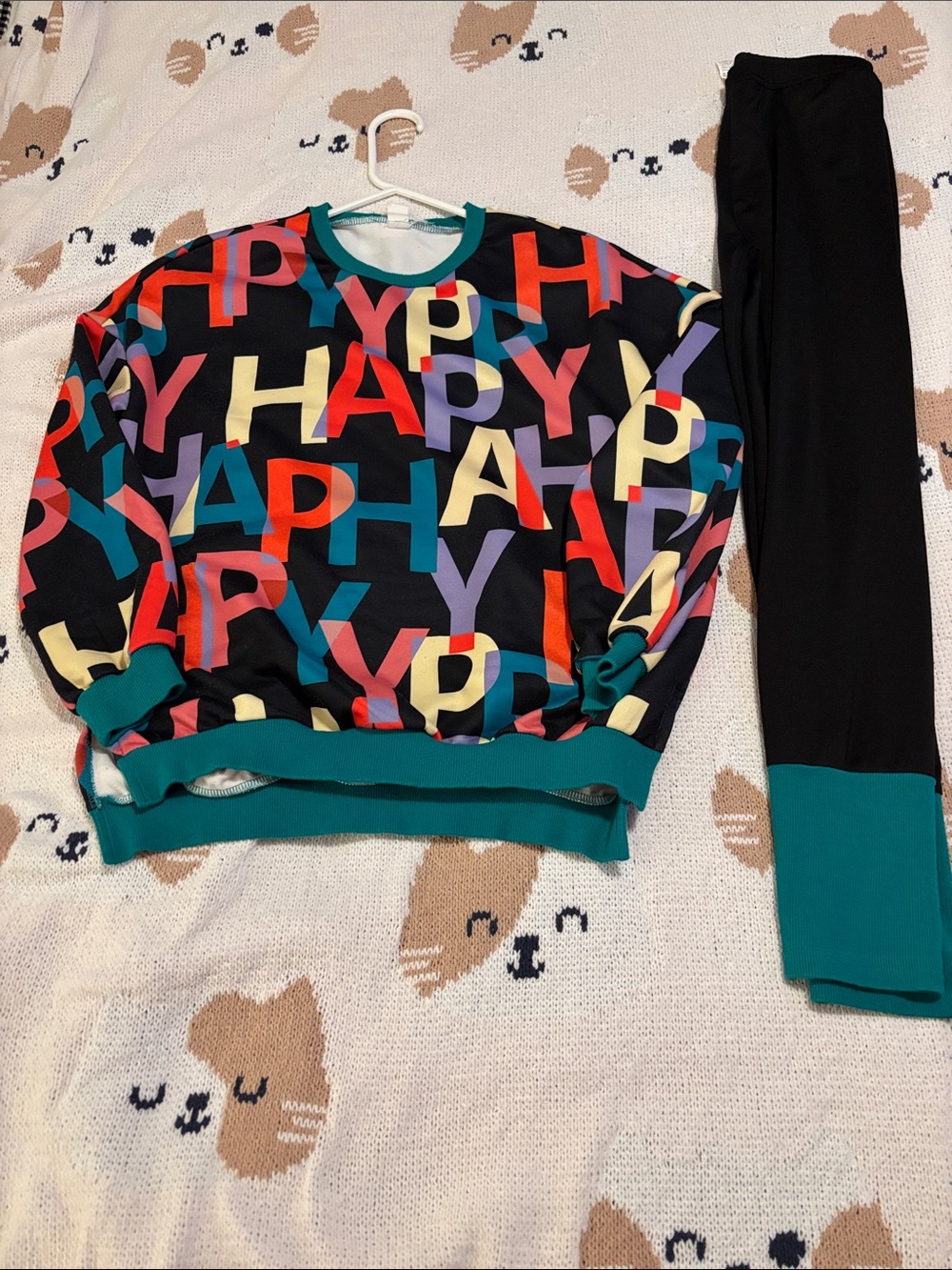 SHEIN Kids Black Multicolor "HAPPY" Graphic Top and Black Leggings Set